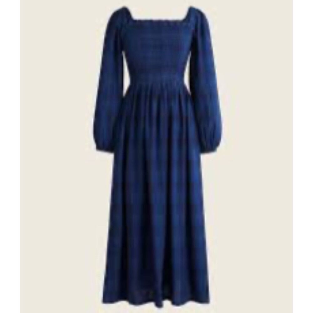 J Crew Dress 3X Smocked Puff Sleeve Midi Indigo Plaid Cottagecore Prairie Preppy